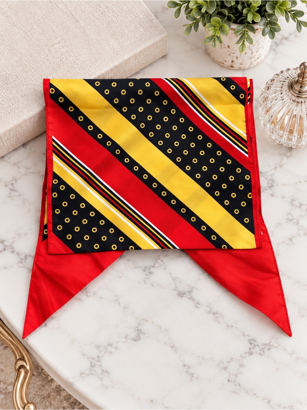 Vintage UPIM Italian Scarf 53” Red Black Gold Geometric Dot Stripe Neck Scarf - Picture 2 of 3